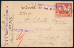 1917 Tábori posta levelezőlap Jegyezzünk Hadikölcsönt levélzáróval, "K.u.k. Reserve-Feldhaubitzregiment No.1. Batt. No.3." - Budapest