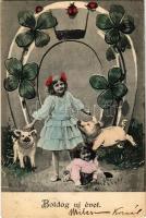 1906 Boldog újévet! / New Year greeting art postcard, children, pig, horseshoe, clovers (fl)