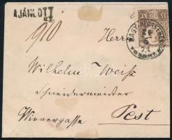 1873 Réznyomat 15kr ajánlott levélen "NAGY-BECSKEREK / TORONT.M." - Pest (a bélyegbe oldalt belevágva)