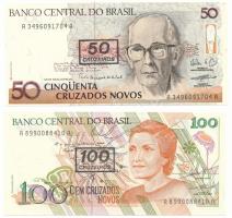 Brazília DN(1990) 50CN fekete "50 Cruzeiros" felülbélyegzéssel + 100CN fekete "100 Cruzeiros" felülbélyegzéssel T:UNC Brazil ND(1990) 50 Cruzados Novos with black "50 Cruzeiros" overprint + 100 Cruzados Novos with black "100 Cruzeiros" overprint C:UNC Krause P#223, P#224