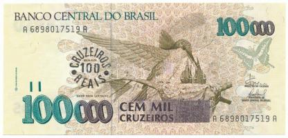 Brazília DN(1993) 100.000C fekete "100 Cruzeiros Reais" felülbélyegzéssel T:AU, enyhe sarokhajlás Brazil ND(1993) 100.000 Cruzeiros with black "100 Cruzeiros Reais" overprint C:AU, slightly folded corner Krause P#238