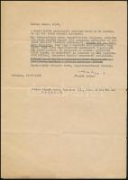 1958 Kassák Lajos (1887-1967) író, költő, műfordító, képzőművész levele Szenes Árpád (1897-1985) Párizsban élő festőművészhez, amelyben egy dokumentációs munka összeállításához kéri ki Szenes nézeteit és reprodukciókra is igényt tart. Fél géppel írt oldal, Kassák Lajos autográf aláírásával.