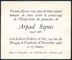 1960 Szenes Árpád (1897-1985) Párizsban élő festőművész kiállítására szóló meghívó, a Galerie Cahiers d'Art-ba, jobb alsó sarkában töréssel