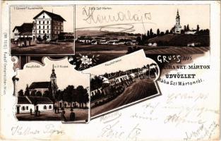 1905 Rábaszentmárton, Németszentmárton, Sankt Martin an der Raab; Fő tér, templom, Fő utca, F. Clement műmalom. Rudolf Oesterreicher No. 1610. / Kunstmühle, Hauptplatz, Kirche, Hauptstrasse / main square and street, church, mill. Art Nouveau, floral, litho (EK)