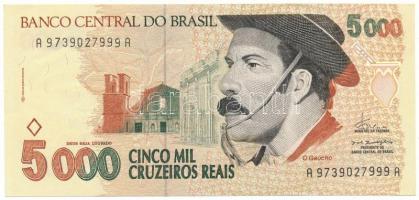 Brazília DN(1993) 5000CR "A 9739027999 A" T:AU, sarokhajlás Brazil ND(1993) 5000 Cruzeiros Reais "A 9739027999 A" C:AU, folded corner Krause P#241