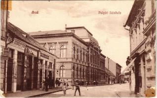 Arad, Polgári fiúiskola, Rácz Sebestyén hentes, Varhol László üzlete. Ifj. Klein Mór kiadása / boys' school, butcher, shops (vágott / cut)