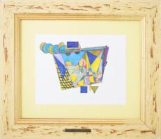 Tommy Vig (1938-): Figyelő. Vegyes technika, papír, jelzett a hátoldalán. Üvegezett fakeretben. 21x2...