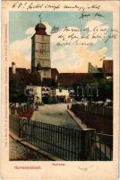 1906 Nagyszeben, Hermannstadt, Sibiu; Ratturm / Városháza tornya, üzletek, piac. Verlag G. A. Seraphin. Chromophot v. Jos. Drotleff / town hall's tower, shops, market (kis szakadás / small tear)