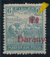 Baranya I. 1919 Arató 6f eltoldódott cinóber felülnyomással, az évszámban vékony 1-es, Bodor vizsgálójellel