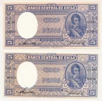 Chile DN(1953-1958) 5P + DN(1958-1959) 5P enyhén eltolódott nyomat T:eltolódott AU, a másik XF Chile ND(1953-1958) 5 Pesos + ND(1958-1959) 5 Pesos slightly shifted print C:shifted AU, the other XF Krause P#110, P#119