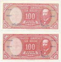 Chile DN(1962) 100P piros "10 Centesimos de Escudo" felülbélyegzéssel + DN(1963) 100P piros "10 Centesimos de Escudo" felülbélyegzéssel T:AU,XF Chile ND(1962) 100 Pesos with red "10 Centesimos de Escudo" overprint ND(1963) 100 Pesos with red "10 Centesimos de Escudo" overprint C:AU,XF Krause P#127a