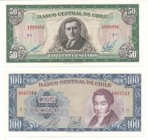 Chile DN(1971-1973) 100E "0167714 E15" + DN(1973-1975) 50E "1999486 F7" T:AU, sarokhajlás Chile ND (1971-1973) 100 Escudos "0167714 E15" + ND(1973-1975) 50 Escudos "1999486 F7" C:AU, folded corner Krause P#140, P#141