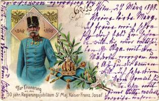 1898 (Vorläufer) Zur Erinnerung an das 50 jähr. Regierungs-Jubiläum des Kaiser Franz Josef I. 1848-1898 / Ferenc József uralkodásának 50. évfordulója / 50th anniversary of Franz Joseph's reign. Regel &amp; Krug Art Nouveau, floral, litho (EB)