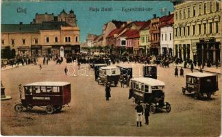 Kolozsvár, Cluj; Piata Unirii / Egyesülési tér, piac, autóbuszok, Albina bank, L. Reményik üzlete. Keszey Albert kiadása / square, autobuses, bank, shops, market (gyűrődés / crease)