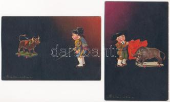 2 db régi gyerek torreádor művészlap Colombo szignóval / 2 pre-1945 Children torreador art postcards signed by Colombo