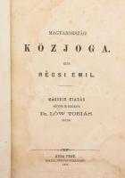 Récsi Emil: Magyarország közjoga. Bővítve és rendezve Dr. Lőw Tóbiás által. Bp., 1869, Pfeifer Ferdinánd, XV+(1)+545+(1) p. Második kiadás. Átkötött, aranyozott gerincű félvászon-kötésben, viseltes, kopott borítóval, ázásnyomokkal, helyenként ceruzás aláhúzásokkal.