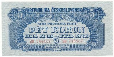 Csehszlovákia 1944. 5K "BB 744447" palindrom sorszámmal, "SPECIMEN (MINTA)" perforációval T:AU Czechoslovakia 1944. 5 Korun with "BB 744447" palindrome serial number and with "SPECIMEN" perforation C:AU Krause P#46s