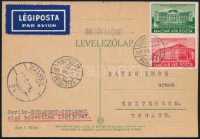 1939 Debrecen 6f + 20f légi nyomtatványon Budapestről Esztergomba, a Berlin-Budapest-Istambul légi járaton keresztül