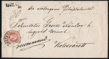 1869 5kr + bontásnál kettétépett / torn apart 10kr ajánlott levélen "ESZTERGOM" - Kolozsvár