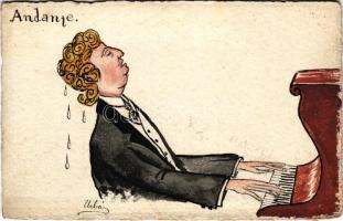 Andante / hand-drawn art postcard with pianist. Rigler r.-t. s: Urbán (EK)