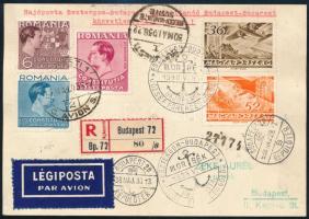 1938 Ajánlott légi levelezőlap 2 db magyar Repülő és 3 db román bélyeggel, hajópostával "ESZTERGOM-BUDAPEST / JÓZSEF FŐHERCEG GŐZŐS HAJÓPOSTA" + Budapest - Bukarest légi postával, hozzá feladóvevény