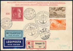 1938 Ajánlott légi levelezőlap 2 db magyar Repülő és 1 db német bélyeggel, hajópostával "ESZTERGOM-BUDAPEST / JÓZSEF FŐHERCEGGŐZŐS HAJÓPOSTA" + Budapest - Berlin első közvetlen légiposta járattal, hozzá feladóvevény