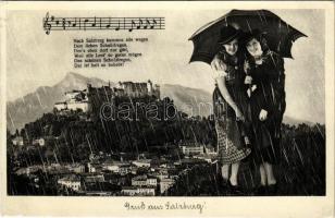 1937 Salzburg, Gruss aus... Schnürlregen / Montage with rain and music sheet (fa)