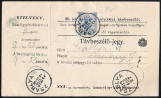 1913 Távbeszélő jegy Turul 2K bérmentesítéssel, "ZSABLYA"