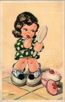 Children art postcard, girl putting on lipstick. Cecami N. 788. s: M. M. (fl)