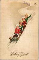 1912 Boldog Újévet / New Year greeting art postcard with sledding children, winter sport. Special SB 3824. (fa)