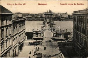 1914 Budapest I. Kilátás a Bazilika felé, Lánchíd vámházakkal, omnibusz (EK)