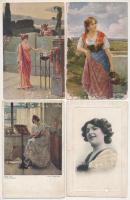 16 db RÉGI zsáner motívum képeslap vegyes minőségben: hölgyek / 16 pre-1945 motive postcards in mixed quality: romantic ladies