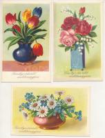 5 db RÉGI postatiszta születésnapi üdvözlő képeslap virágokkal / 5 pre-1945 unused Birthday greeting postcards with flowers. Record Nr.1001