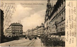 1906 Budapest VII. Erzsébet körút, Kertész utca, New York palota, villamos, lovaskocsik