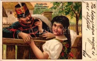 1899 (Vorläufer) Liebesantrag / Le Flirt / Incselkedés, osztrák-magyar katona / Austro-Hungarian K.u.K. military art postcard, soldier flirting, romantic couple. "Kosmos" litho (Rb)