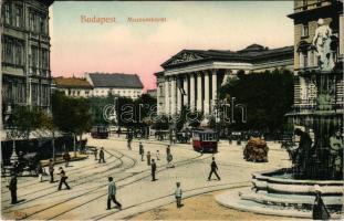 Budapest VIII. Múzeum körút, Kálvin tér, Nemzeti Múzeum, villamosok, szökőkút. Taussig A. 9970.