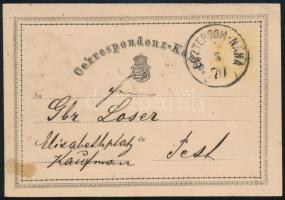 1870 2kr díjjegyes levelezőlap "ESZTERGOM-NANA" - "PEST"