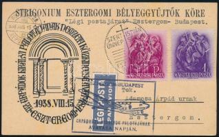 1938 Légi levelezőlap 6f bérmentesítéssel "ESZTERGOM-BUDAPEST / ÁRPÁDHÁZI KIRÁLYOK PALOTÁJÁNAK AVATÁSA NAPJÁN"