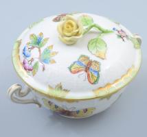 Herendi Viktória mintás kétfüles cukortartó, sárga rózsa fogóval, jelzett, hibátlan, d: 12 cm