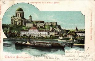 1900 Esztergom, Vártemplom és a prímási palota, gőzhajó. Strompf Ignác kiadása (EK)