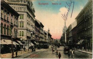 1910 Budapest VII. Rákóczi út, villamos, Hotel Metropol szálloda, üzletek, háttérben a Keleti pályaudvar, vasútállomás. Taussig A. 6676.