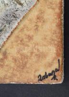 Geometrikus plakett. Samottos kerámia, jelzett, fa lapra applikálva, 18x14 cm