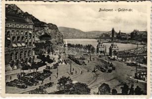 Budapest XI. Gellért tér, Gellért szálloda és gyógyfürdő, villamos, automobilok, Ferenc József híd, sziklatemplom. November Sándor kiadása