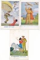 3 db RÉGI magyar katonai humor képeslap Bernáth szignóval: pilóta, ejtőernyős / 3 pre-1945 Hungarian military humour art postcards: pilot, paratrooper