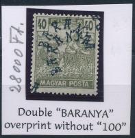 Baranya II. 1919 Magyar Posta 100/40f kettős fekete felülnyomással, a piros felülnyomott értékszám nélkül, Bodor vizsgálójellel