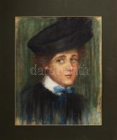 Jelzés nélkül (Nagy István?): Hölgy kalapban (Wolfner család egy tagja?). Pasztell, papír, javított. Paszpartuban. 53x42 cm