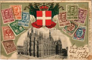 1906 Milano, Milan; Il Duomo / Dombornyomott litho olasz bélyegek és címer / set of Italian stamps with coat of arms and cathedral. Artist. Atelier H. Guggenheim &amp; Co. Art Nouveau, Emb. litho (lyuk / pinhole)