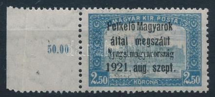 Nyugat-Magyarország I. 1921 Parlament 2,50K ívszéli bélyeg Bodor vizsgálójellel (5.000)