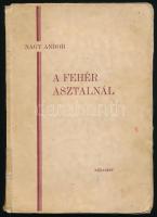 Nagy Andor: A fehér asztalnál. (Dedikált!) Bp., [1934], szerzői kiadás (Pesti Lloyd-ny.), 1 t.+ 155+(1) p. Kiadói papírkötés, kissé foltos, sérült borítóval, a gerincen ragasztott, kissé laza fűzéssel. A szerző által Patai József (1882-1953) zsidó származású író, költő, műfordító, folklorista részére dedikált példány: ,,Dr. Patai József szerkesztőnek, a magyar zsidóság kimagasló egyéniségének [...]"