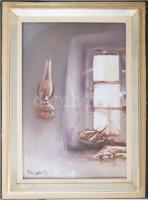 Fejér Csaba (1936-2002): Tanyaablak. Olaj, farost, jelezve balra lent. Hátoldalán Képcsarnok Vállalat címkéjével. 45x30 cm Üvegezett fakeretben. / oil on wood fibre, signed lower left, framed.